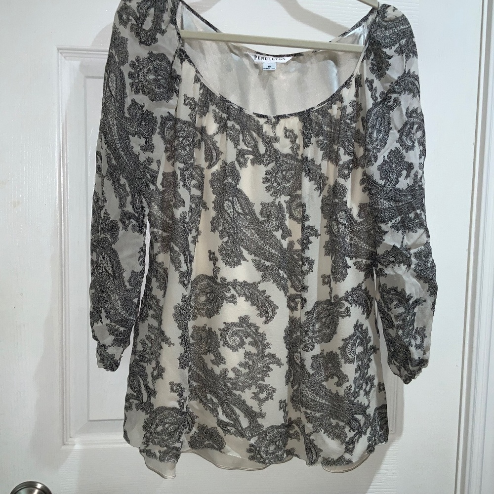 Pendleton paisley silk blouse Sz 16 lined bodice sheer sleeves scoop neck